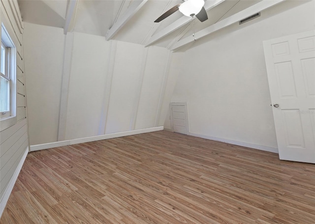 unfurnished room featuring visible vents, baseboards, light wood-type flooring, and ceiling fan