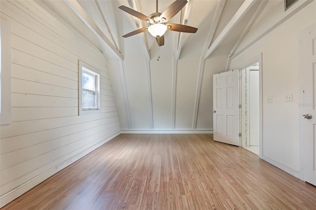 unfurnished room with visible vents, lofted ceiling with beams, and light wood-type flooring