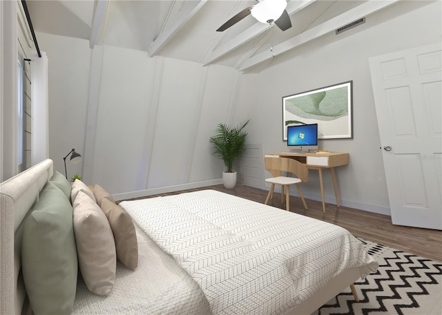 bedroom featuring wood finished floors, baseboards, visible vents, lofted ceiling with beams, and ceiling fan