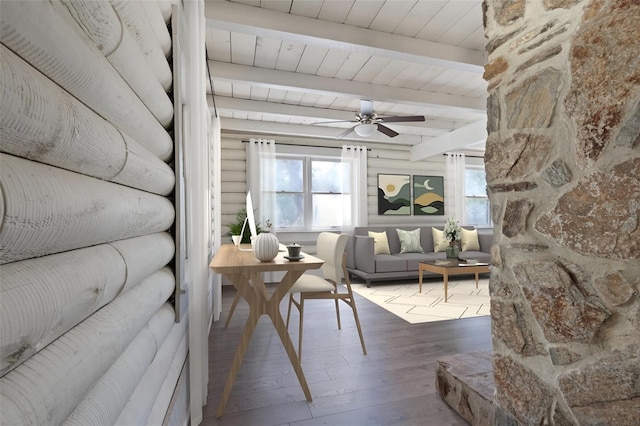 interior space featuring beam ceiling, wood ceiling, and a ceiling fan