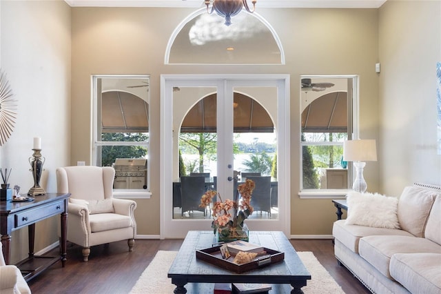 living area featuring dark wood-type flooring, french doors, and baseboards