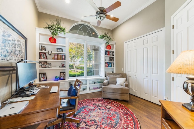 office space with a ceiling fan, wood finished floors, and crown molding