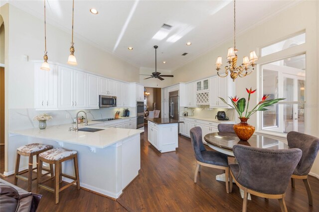 kitchen featuring dark wood-style floors, a sink, stainless steel appliances, white cabinets, and a center island