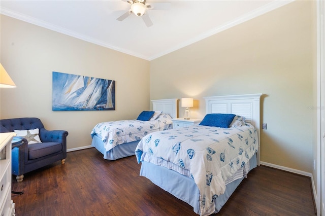 bedroom featuring ceiling fan, baseboards, wood finished floors, and ornamental molding