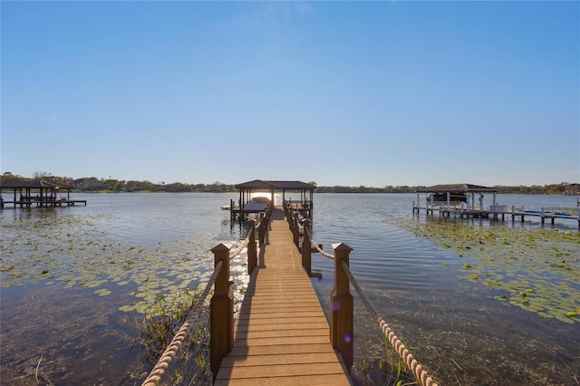 view of dock with boat lift and a water view