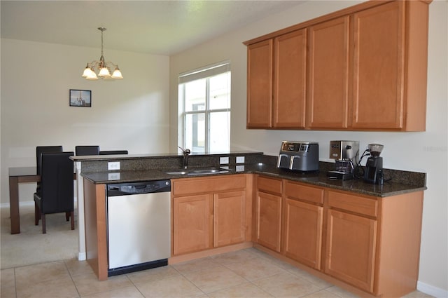 kitchen with pendant lighting, a sink, dark stone countertops, dishwasher, and a peninsula