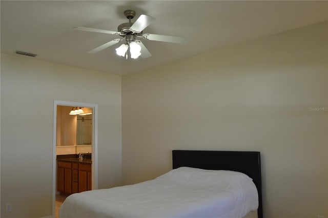 bedroom featuring ceiling fan, ensuite bath, and visible vents