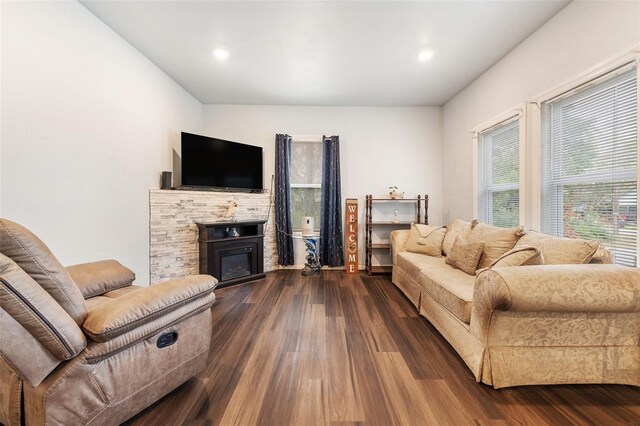 living area featuring dark wood-type flooring, a glass covered fireplace, and recessed lighting