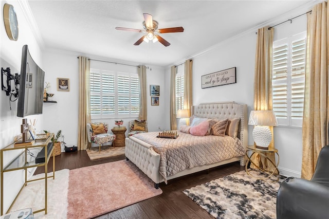 bedroom with ceiling fan, wood finished floors, and ornamental molding