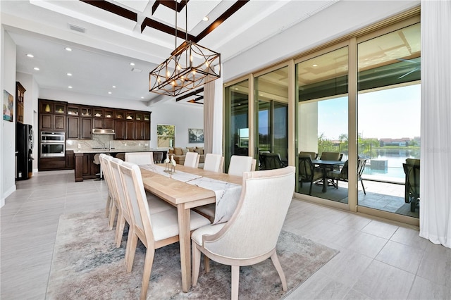 dining room featuring light tile patterned flooring, recessed lighting, a notable chandelier, visible vents, and beam ceiling