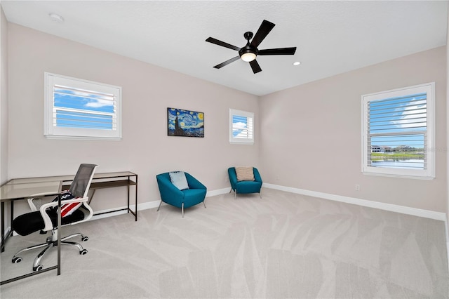 carpeted office with baseboards, a ceiling fan, and recessed lighting