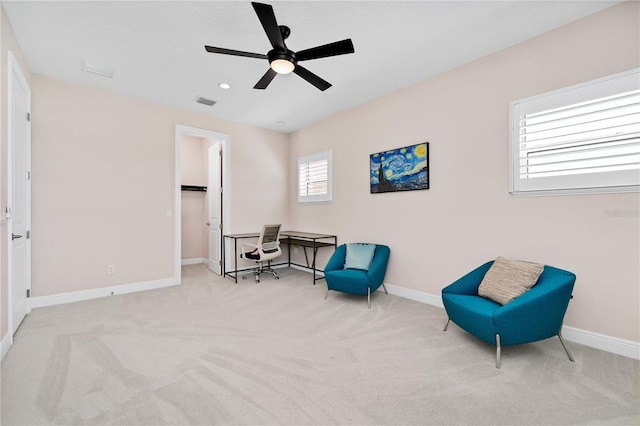 sitting room with recessed lighting, carpet floors, a ceiling fan, visible vents, and baseboards