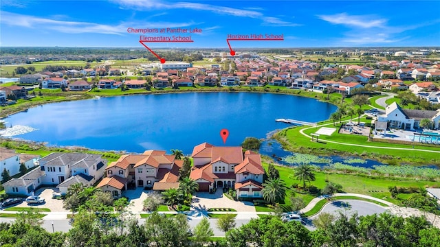 birds eye view of property with a water view and a residential view