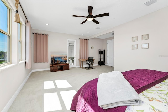 bedroom featuring carpet floors, baseboards, visible vents, and recessed lighting