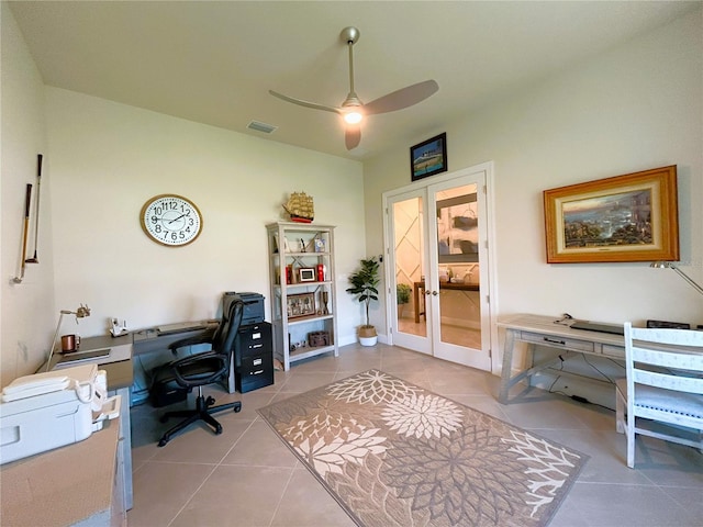 office space featuring french doors, visible vents, ceiling fan, and tile patterned floors