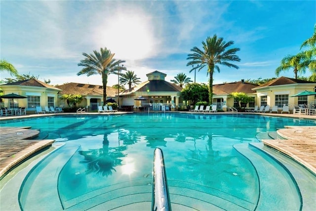 pool with a patio