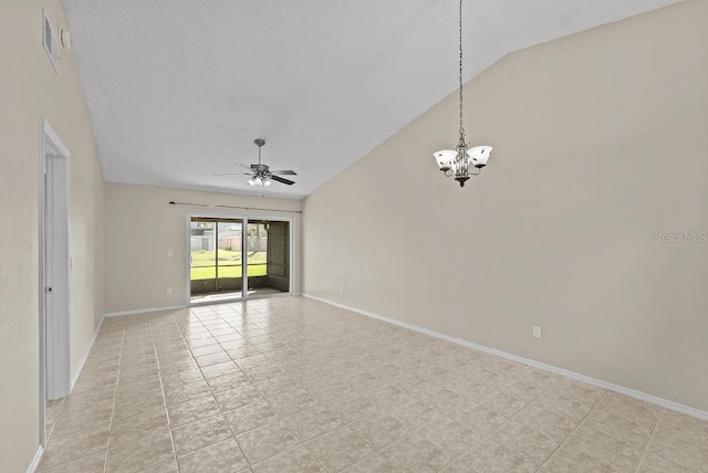 empty room featuring lofted ceiling, baseboards, visible vents, and ceiling fan with notable chandelier