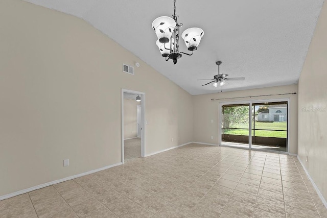 spare room featuring lofted ceiling, visible vents, baseboards, and ceiling fan with notable chandelier