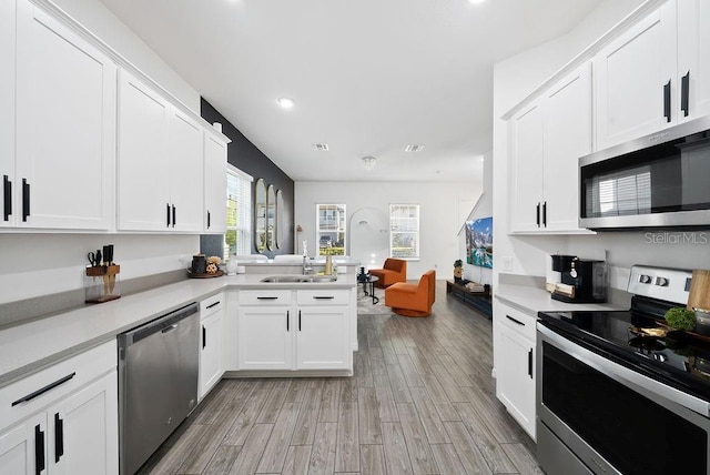 kitchen with appliances with stainless steel finishes, open floor plan, a sink, and light countertops