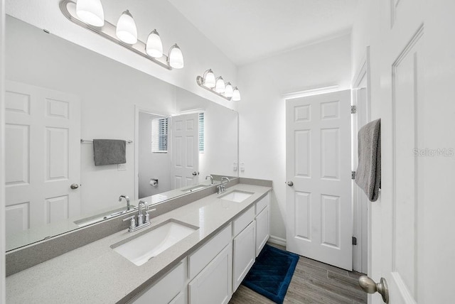 bathroom featuring double vanity, wood finished floors, and a sink