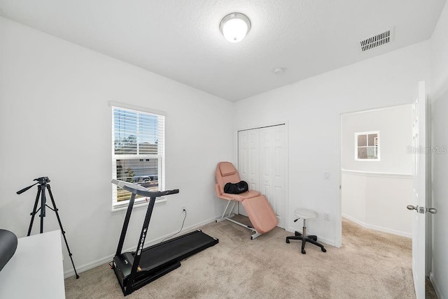 exercise area featuring baseboards, a textured ceiling, visible vents, and carpet flooring