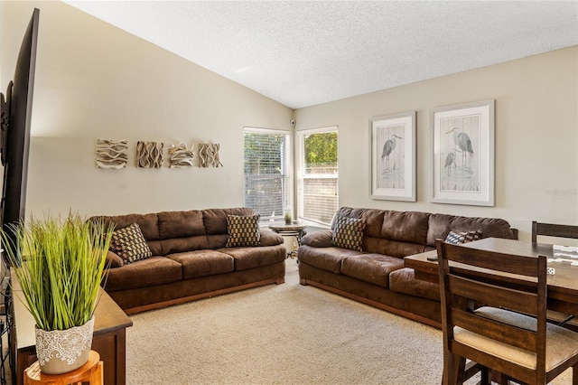 living area with vaulted ceiling, a textured ceiling, and carpet floors