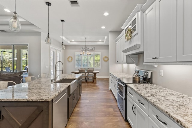 kitchen with stainless steel appliances, dark wood-style flooring, a sink, visible vents, and a tray ceiling