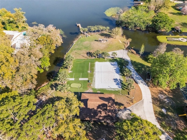 drone / aerial view with a water view