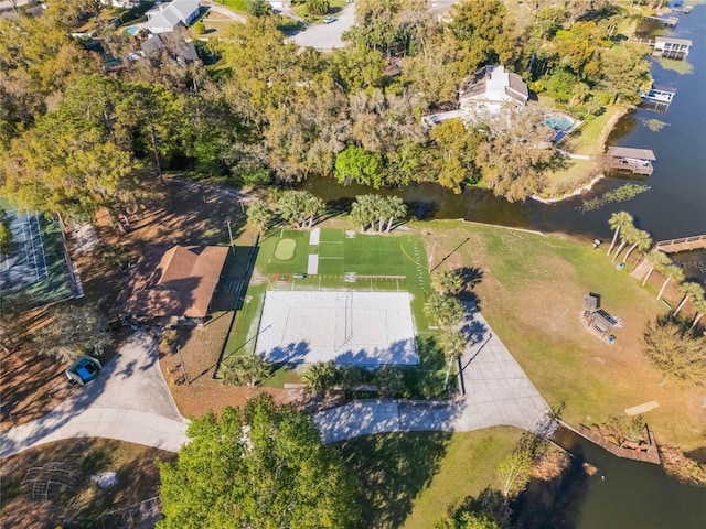 drone / aerial view with a water view