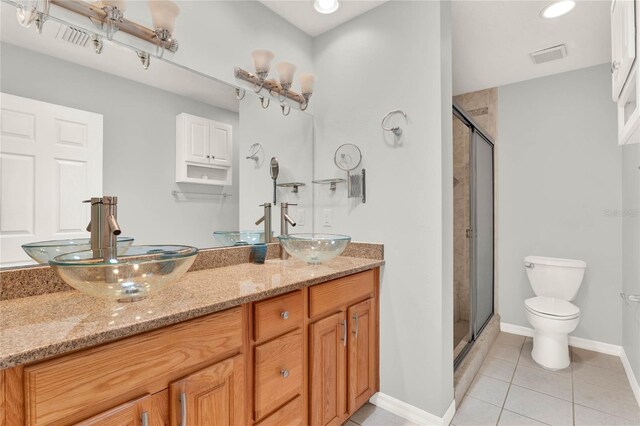 full bathroom with visible vents, a stall shower, toilet, and a sink