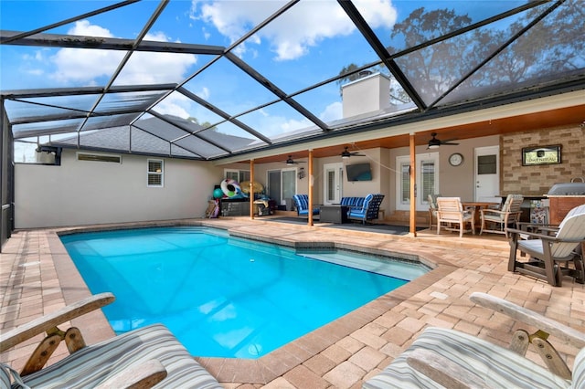 outdoor pool with outdoor dining space, a patio, french doors, outdoor lounge area, and ceiling fan