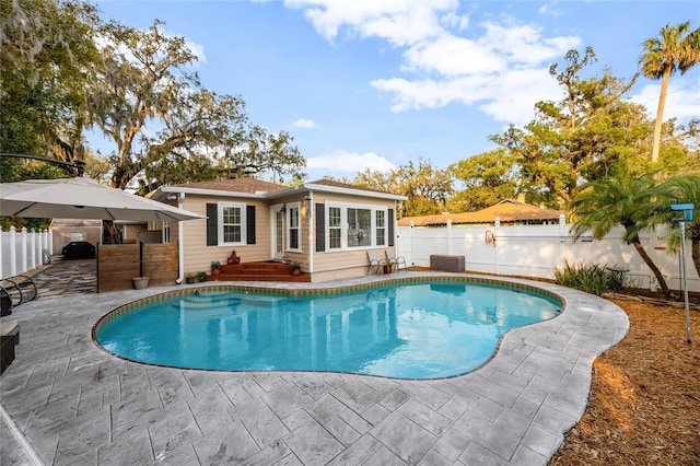 view of pool featuring a fenced in pool, a fenced backyard, and a patio