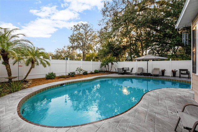 view of swimming pool with a fenced in pool, a fenced backyard, and a patio