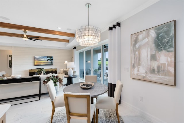 dining space with marble finish floor, baseboards, beamed ceiling, and ceiling fan with notable chandelier