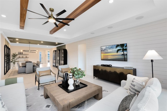 living room featuring recessed lighting and beam ceiling