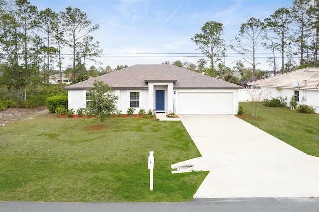 view of front of property featuring stucco siding, a shingled roof, concrete driveway, an attached garage, and a front yard