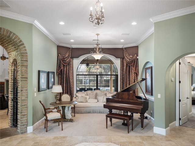 living area featuring arched walkways, a notable chandelier, crown molding, and visible vents