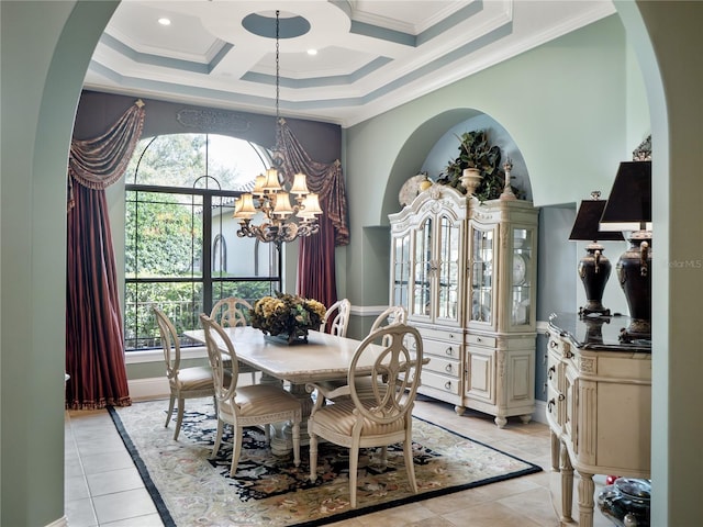 dining space with arched walkways, crown molding, a high ceiling, an inviting chandelier, and coffered ceiling