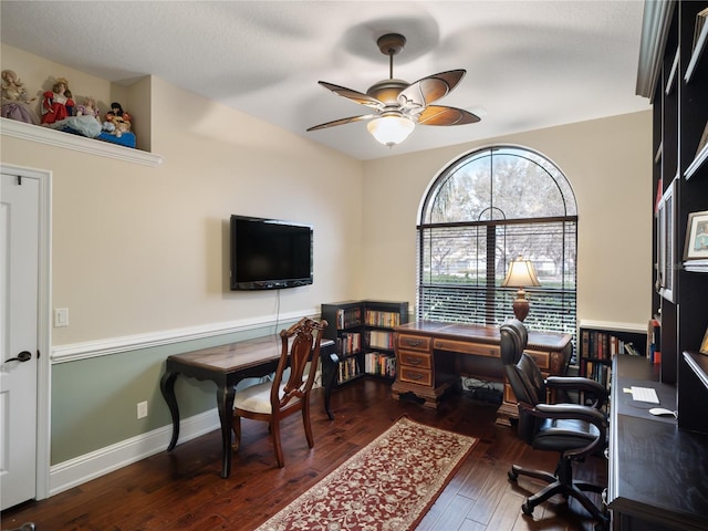 office area with wood-type flooring, baseboards, and ceiling fan