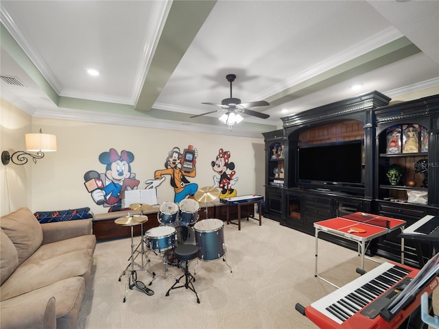 carpeted living area with visible vents, a ceiling fan, a tray ceiling, crown molding, and recessed lighting