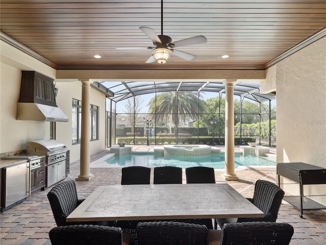 view of patio with a pool with connected hot tub, glass enclosure, a grill, and area for grilling