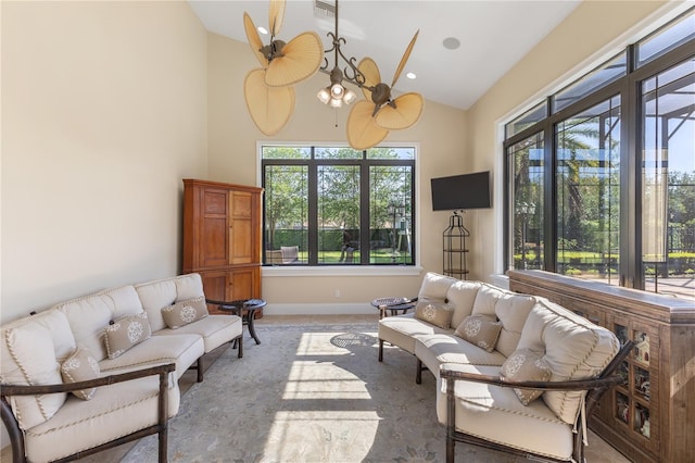 12860 Jacob Grace Ct, Windermere, FL 34786 - carpeted living room with high vaulted ceiling and baseboards