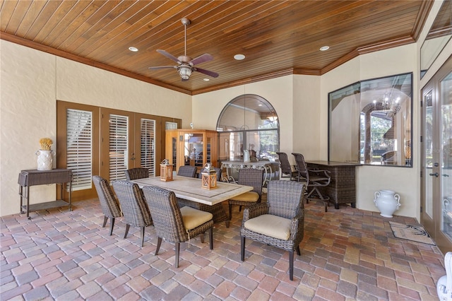 12860 Jacob Grace Ct, Windermere, FL 34786 - dining area with ornamental molding, wooden ceiling, and ceiling fan
