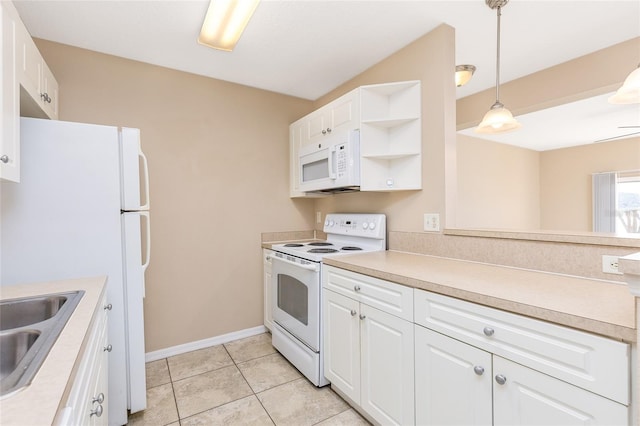 kitchen with white appliances, white cabinetry, light countertops, open shelves, and a sink