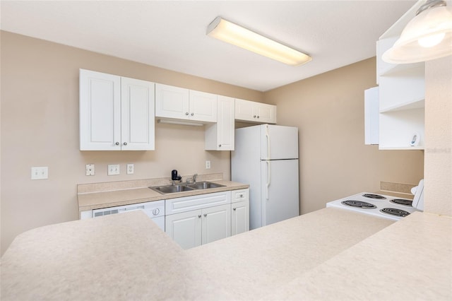 kitchen with open shelves, white cabinetry, a sink, and white appliances