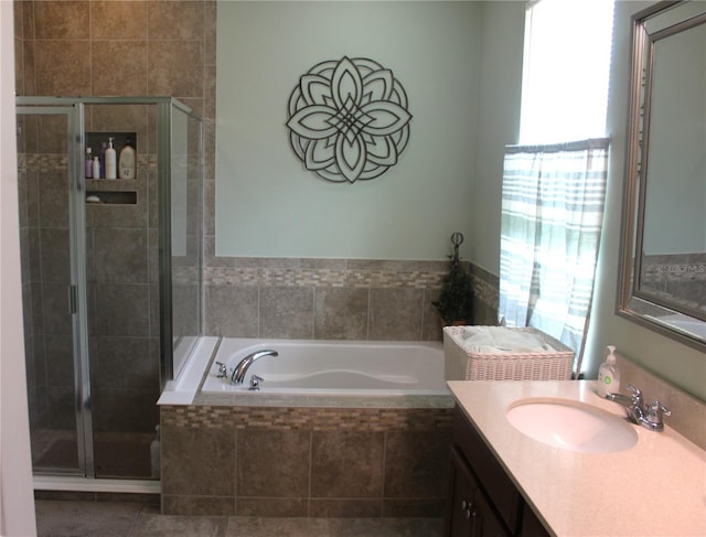 4110 Arlington Ridge Blvd, Leesburg, FL 34748 - full bathroom with vanity, a bath, a shower stall, and tile patterned floors