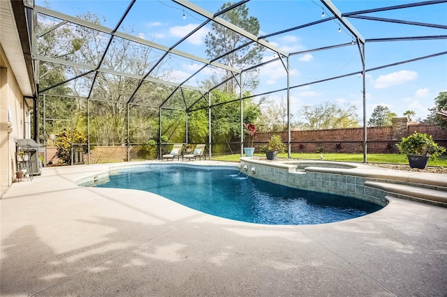 view of pool featuring glass enclosure, a patio area, fence, and a grill