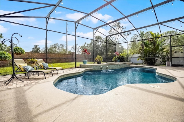 view of pool with a fenced in pool, glass enclosure, a patio area, and a fenced backyard