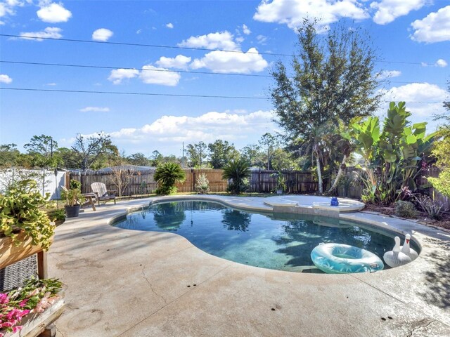 view of pool with a fenced in pool, a fenced backyard, and a patio