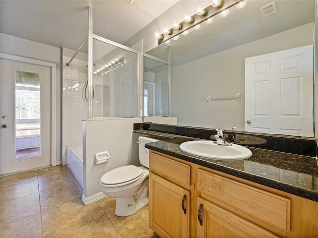 full bathroom featuring tile patterned flooring, toilet, visible vents, vanity, and shower / washtub combination